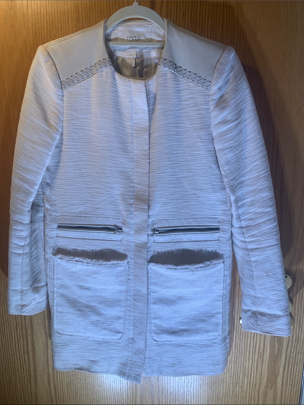 Maje Calfskin, Cotton, Linen Collarless Textured Long Jacket - Ivory - Size 4/6